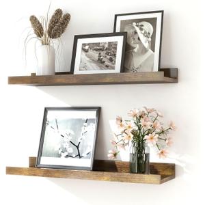 Floating Shelves for Wall Decor, Wall Mounted Wood Storage Shelf for Bedroom, Living Room, Bathroom, Kitchen, Nursery, Rustic Display Picture Ledge Shelf with Lip Set of 2-16 Inches, Brown (15.8in)