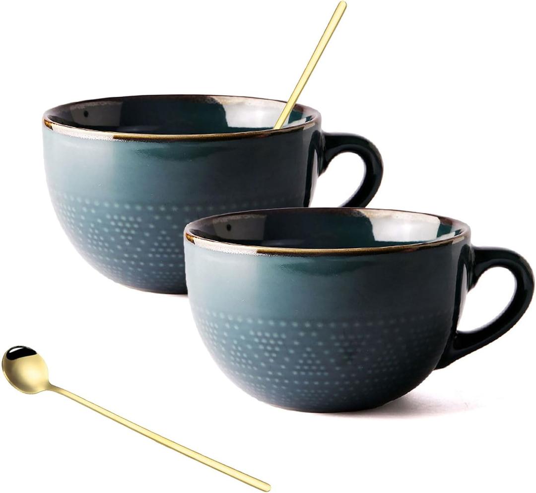 700 ML Large Ceramic Coffee Mug 2 Set with Coaster and Spoon，Grain Soup Cup/Coffee Mug/Salad Bowl for Coffee, Tea, Ice Cream, Cereal (Dark green 2 set)