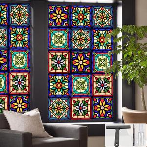 Window UV Protection Privacy Film:Non-Adhesive Static Cling Decorative Window Film with Installation Tools,Stained Glass Window Film for Kitchen,Study,Bathroom,and Shower Doors,17.7 x 39.4 inches.