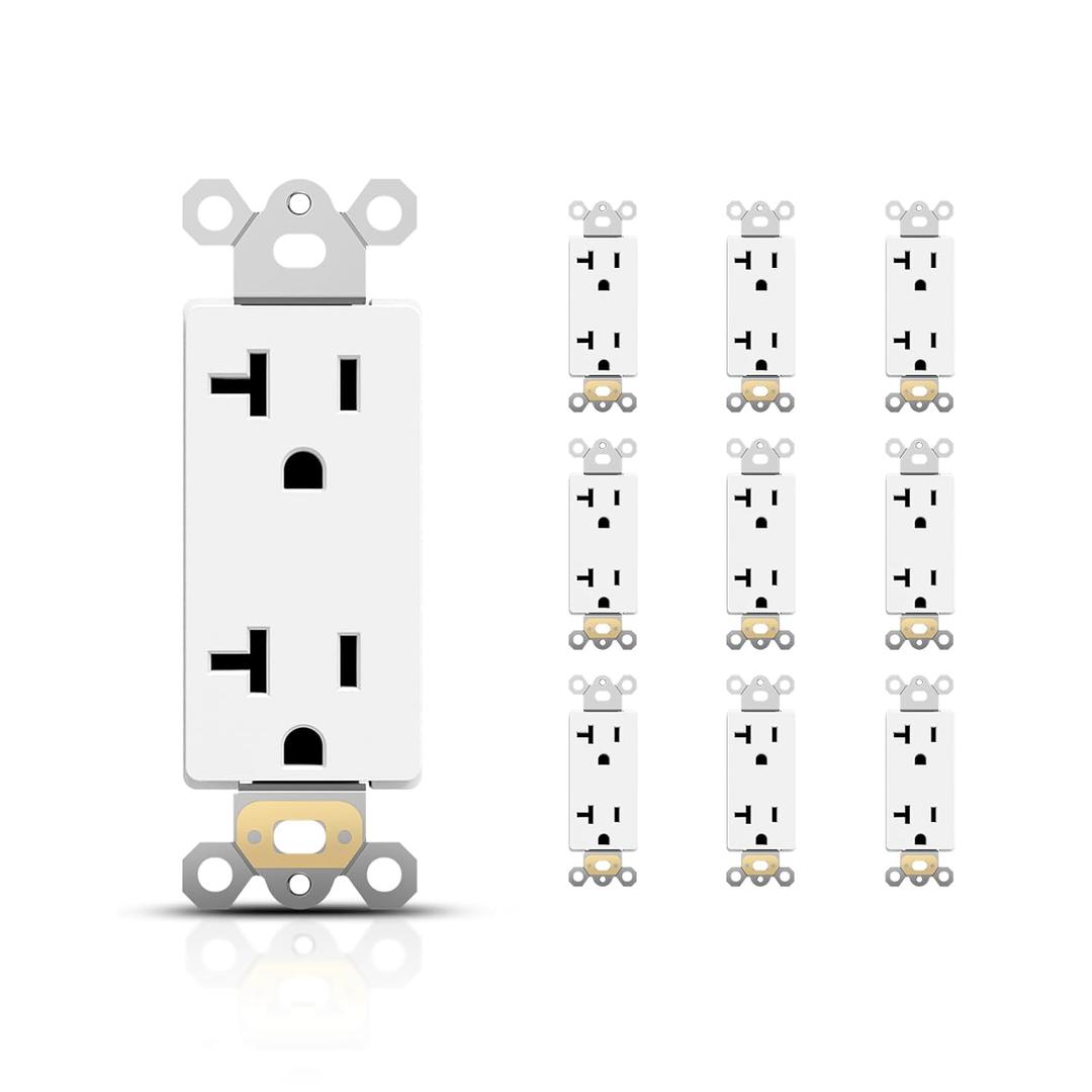 TOPELER 20 Amp Decorator Wall Outlet, Standard Electrical Receptacle Outlet, 2 Pole 3 Wire, Non-Tamper Resistant, NEMA 5-20R, Self-Grounding Residential Grade, UL, Glossy White, 10 Pack