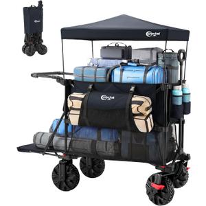 Push & Pull Double Decker Wagon with Canopy,400L Folding Large Capacity Heavy Duty Wagon Cart,450 lb Collapsible Cart with Brakes, 54 Extended Foldable for Sports, Beach, Camping,Shopping