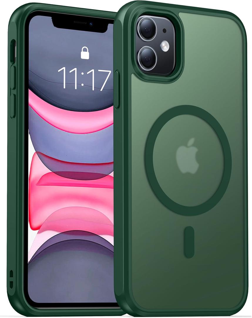 2 x Magnetic for iPhone 11 Phone Case-Compatible with MagSafe-Slim Translucent Matte-Military Grade Drop Protection Phone Case for iPhone 11 6.1", Dark Green