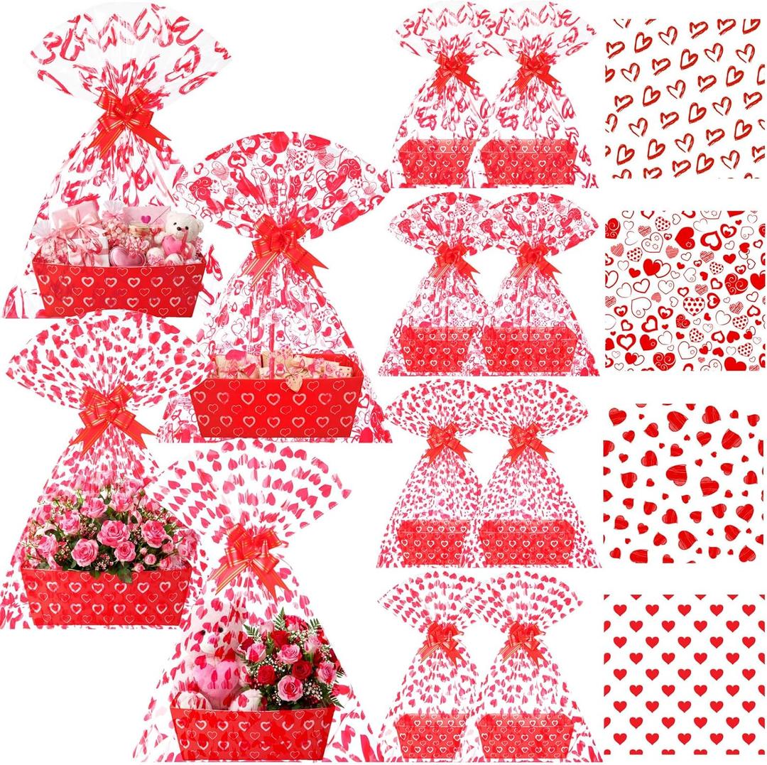 Gueevin 12 Sets Valentine's Day Empty Gift Baskets, 12 Heart Cardboard Trays to Fill 12 Heart Cellophane Bags 12 Red Pull Bows, DIY Gift Wrapping for Valentine Mother's Day Wedding Birthday Party