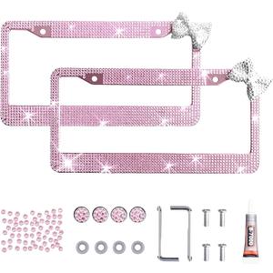 2 Pack Rhinestone License Plate Frames for Women Sparkly Bling Diamond Car Accessories, Shiny Crystal License Plate Covers with Red Bow & Glitter Screw Caps, Fits Standard US Plates (Pink+ White)