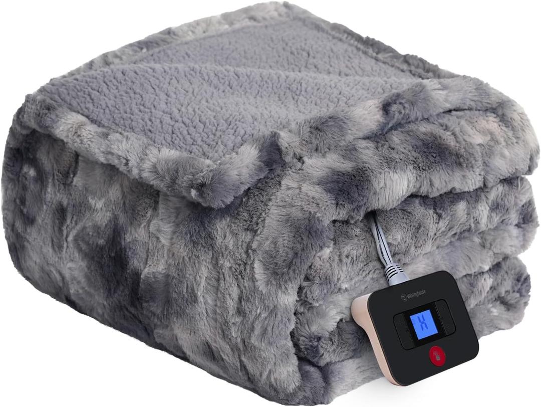 Westinghouse Electric Blanket Twin, Faux Fur Heated Blanket with 10 Heating Levels & 1-12 Hours Auto Off, Soft Cozy Sherpa Heated Blanket Washable Blanket (62" x 84" Twin Size, Grey)