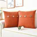 CaliTime Throw Pillow Cases Pack of 2 Soft Corduroy Striped Cushion Covers with Triple Large Natural Coconut Shell Buttons for Couch Sofa Home Farmhouse Decoration 18 X 18 Inches Burnt Orange