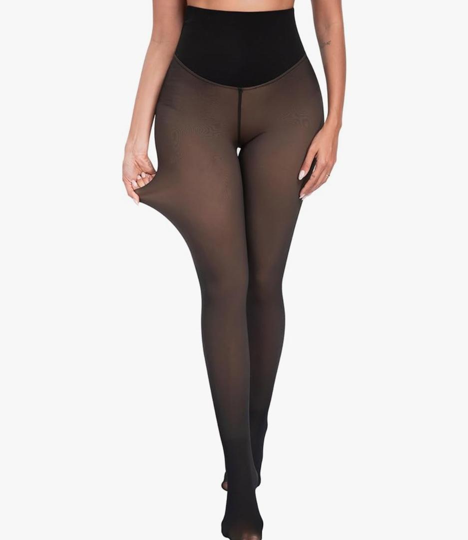 CHRLEISURE Women's Fleece Lined Tights - Fake Sheer Warm Pantyhose Thick Winter Leggings (Medium-Large)