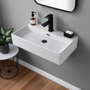 24"x14"Wall Mount Sink,Small Wall Mounted Bathroom Sink,Wall Hung Ceramic White Rectangular Floating Wash Hand Basin Small Bathroom Sink Lavatory Vanity With Single Faucet Hole and Overflow
