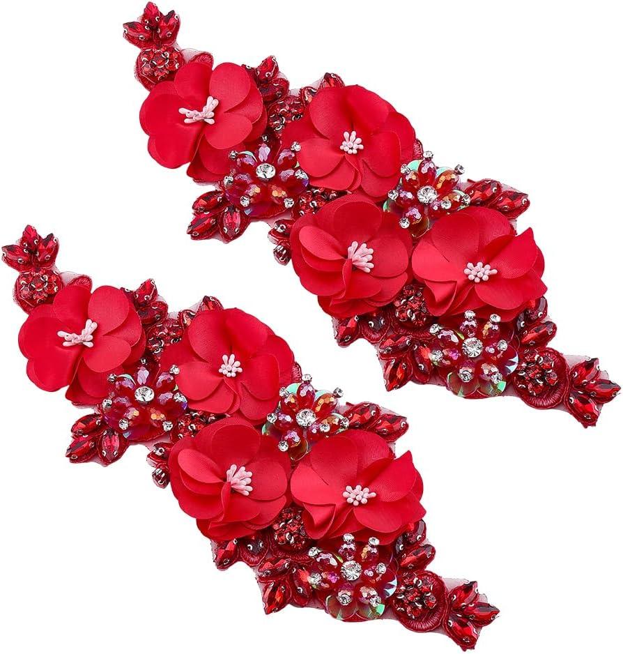 2PCS 3D Flower Embroidery Appliques Red Flower Rhinestone Patch Bling Beaded Embroidery Lace Applique Rhinestone Applique for Clothes DIY Wedding Dress Sewing Craft Clothing Jeans