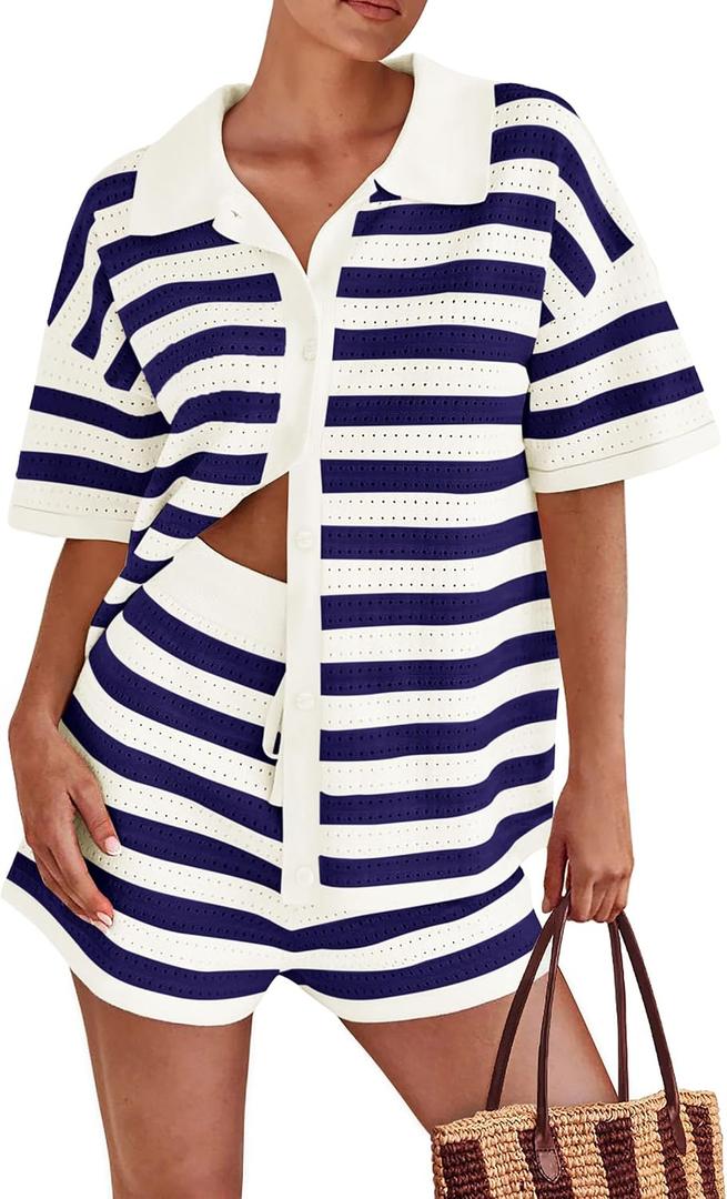 PRETTYGARDEN Women's 2 Piece Shorts Sets Casual Summer 2025 Short Sleeve Striped Sweater Set Matching Beach Vacation Outfit (S)