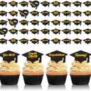 Chuangdi 48 Pieces Graduation Hat Sayings Cupcake Rings 2025 Congrats Grad Cupcake Toppers Rings Black Hat Cake Decorations for Graduation Party Supplies, 4 Styles