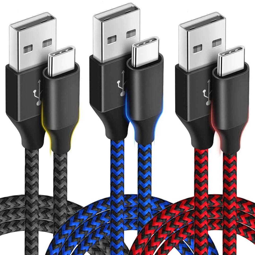 USB Type C Charger Cable 10ft 3 Pack, USB A to USB C Fast Charging Cord Compatible with iPhone 16 15 Pro Max Samsung Galaxy S24 S23 S22 S21 S20 S10, Android Cell Phones and More- Black Blue Red
