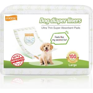 Dog Diaper Liners, 100 Count, Super Absorbent Booster Pads for Male and Female Dogs, Ultra-Thin and Breathable, Long