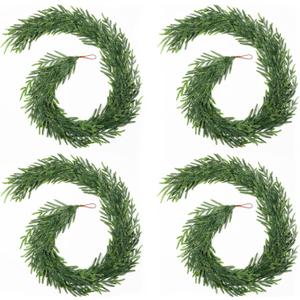TOWPONICS 4Pcs Christmas Norfolk Pine Garland, 6FT Real Touch Faux Green Garlands, Winter Artificial Greenery Garland for Mantle, Table, Stairs, Fireplace, Indoor & Outdoor Xmas Decorations