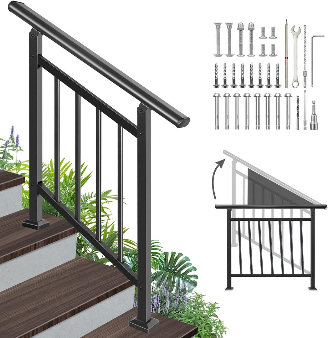 Adjustable Handrails for Outdoor Steps Black Metal Stair Railing with Flexible Angle Design, 3 Steps Handrail or Horizontal Use, Wrought Iron Hand Rails with Installation Kit