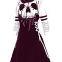 DRESSFO Women’s Gothic Skull Print Hoodie Dress – Long Sleeve Lace Up Colorblock A-Line Mini Dress with Hood (Concord/Small)