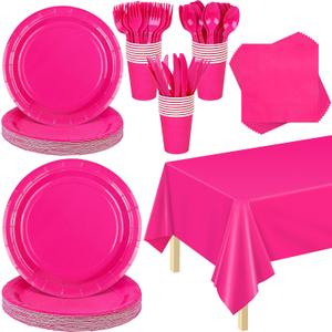 ADXCO 169 Pieces Hot Pink Party Supplies Include Paper Plates Cups Napkins Forks Knives Spoons Waterproof Tablecloth Complete Tableware for Party Decorations