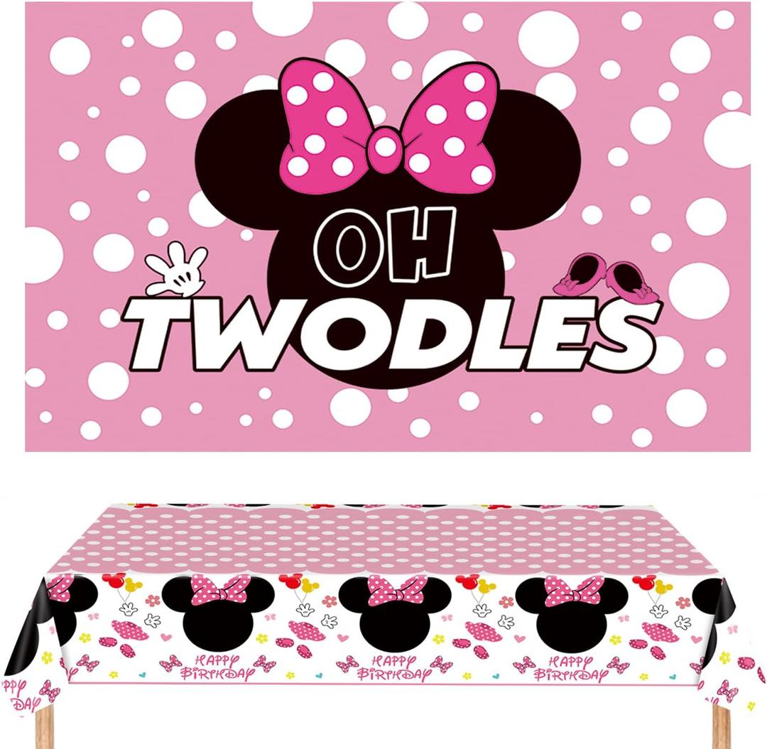 Oh Twodles Backdrop Party Decorations, Pink Palka Dot Backdrop Birthday Banner with Disposable Tablecover Set, Cartoon Photography Background and Tablecloth for Girls 2nd Party Supplies