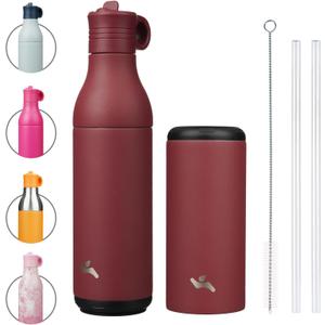 Konokyo 13 oz Stainless Steel Water Bottle with Straw, Insulated, Reusable Metal Travel Bottle with Bottom Removable Cup, BPA Free, Leak Proof, Cinnabar Red