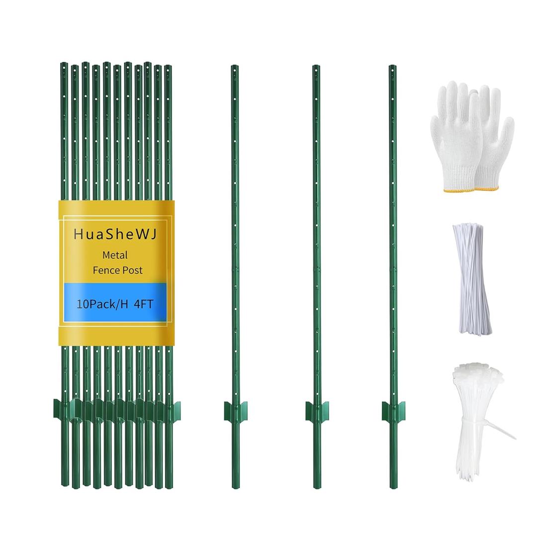Metal Fence Post 4 Feet Green, Pack of 10, T Post for Wire Fence, No Dig Steel U Posts Fencing for Lawn Garden Wire Mesh Fences Poles Sign Outdoor
