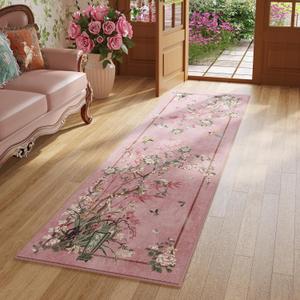 Runner Rug Chinoiserie-Style Floral Vintage Kitchen Rugs Non Slip Washable with Rubber Backing Soft Carpet for Laundry, Bedroom, Bathroom, Pink (2'7" x 8' (Rectangular))