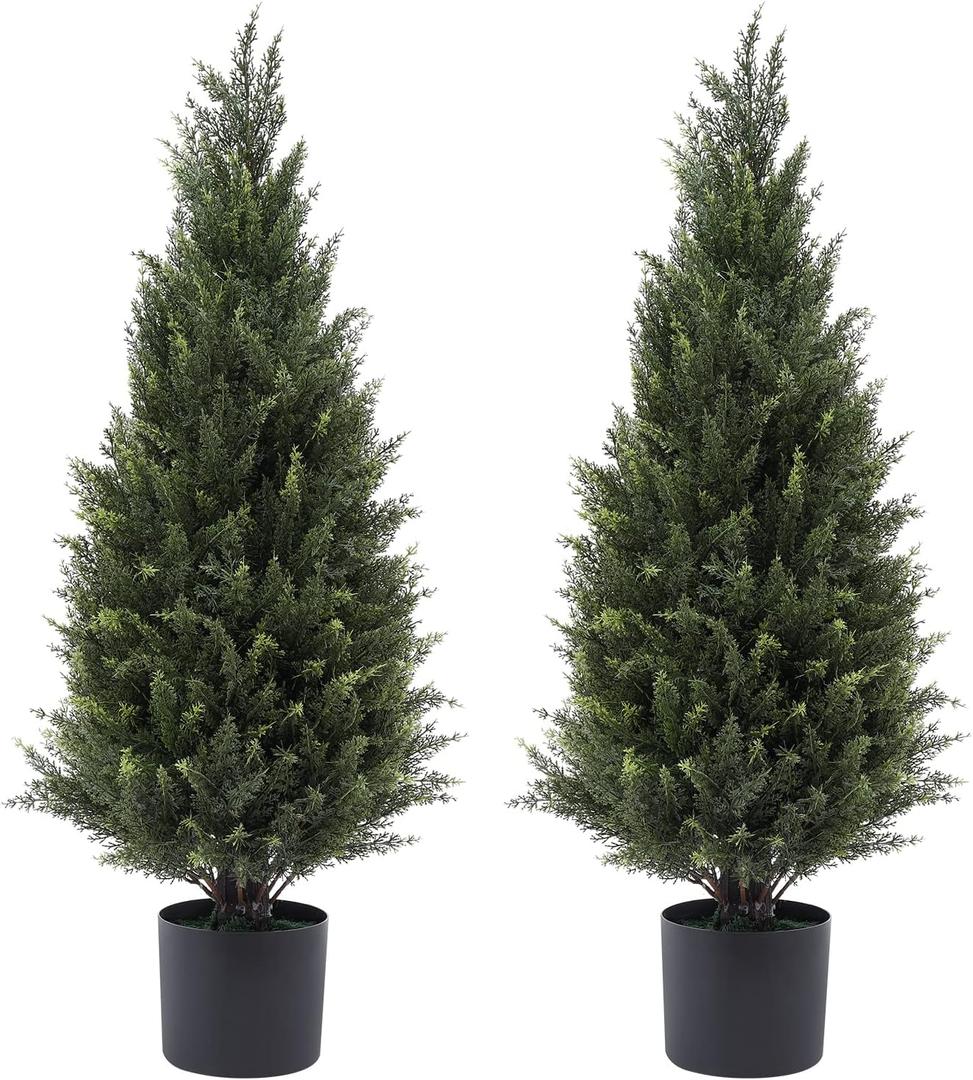3ft(35) Artificial Cedar Outdoor Artificial Shrub Sunlight Resistant Leafy Potted Plant for Indoor Porch of Home and Office Artificial Outdoor Tree 2 Pieces a Set Topiary Trees