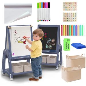 Art Easel for Kids 2-4 with Wheels, Whiteboard, Chalkboard & Paper Roll Adjustable Height 3-in-1 Toddler Easel for 2-4 Year Old Painting Easel for Kids with Storage & Accessories, Blue, 34.6 inches