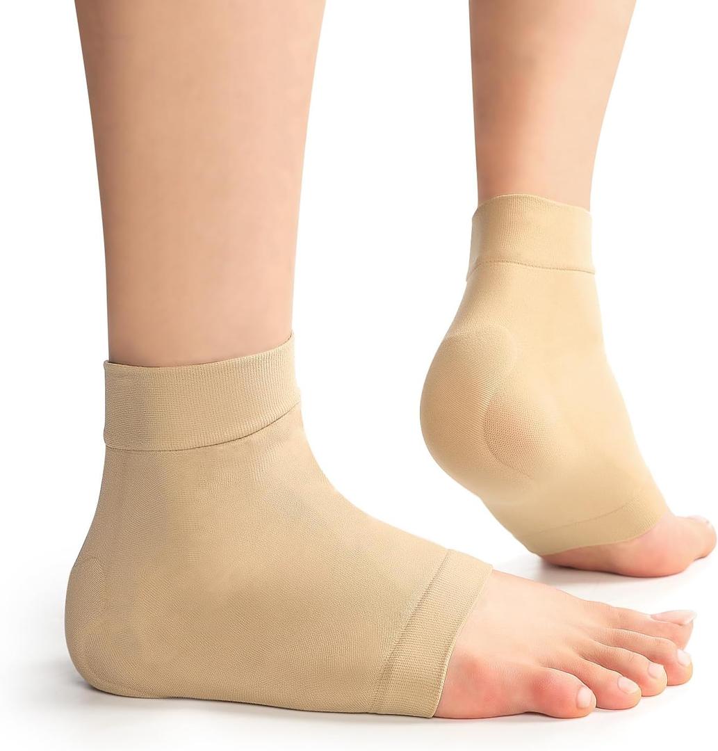 Achilles Tendon Heel Protector Compression Padded Sleeve Socks Premium Gel Heel Socks for Haglunds Bump, Bursitis, Tendonitis & Tenderness - 1 Pair - Beige - L (X-Large(Women' 10+/Men's 9+))