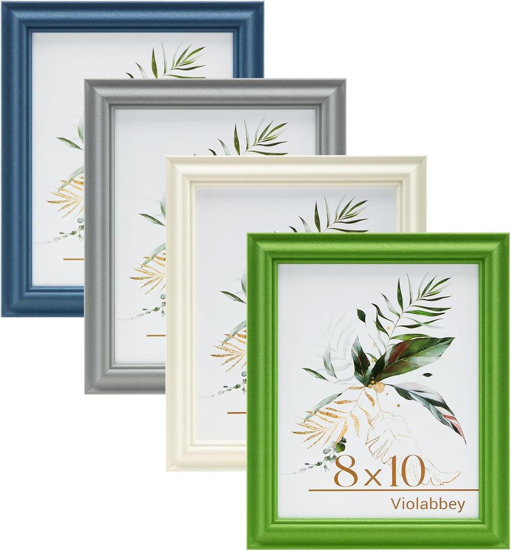 VIOLABBEY 8x10 Picture Frame Set of 4, 8 x 10 Picture/Photo Frame for Wall Mounted or Tabletop Display, Real Glass, Family Friends Gift (Green+White+Grey+Blue)