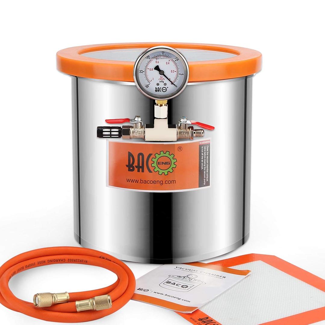 BACOENG 3 Gallon Tempered Glass Lid Vacuum Chamber, Stainless Steel Degassing Chamber Kit for Stabilizing Wood, Degassing Silicones, Epoxies and Essential Oils