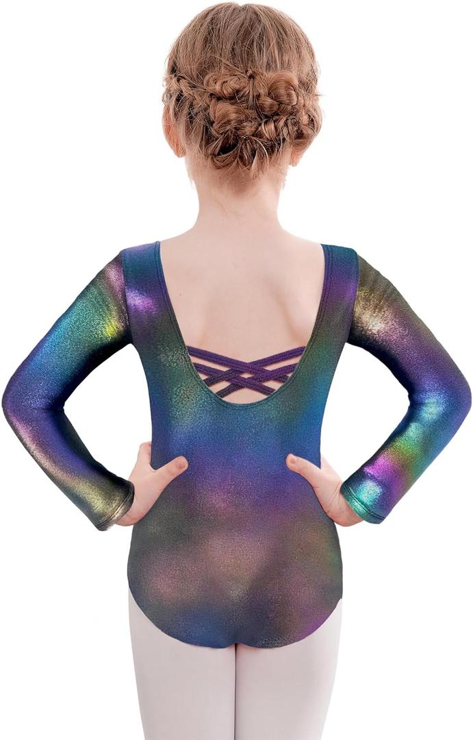 Zaclotre Team Basic Leotards for Girls Long Sleeve Crisscross Ballet Dance Gymnastic Outfits for Kids (8-9 Years, Sparkle Colorful Black)