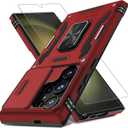 DEERLAMN Case for Samsung Galaxy S25 Ultra with Slide Camera Cover+Screen Protector (1 Pack), Rotated Ring Kickstand Military Grade Shockproof Protective Cover-Red (S25 Ultra-6.9 Inch)