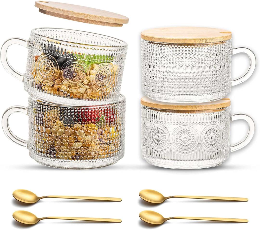 JBHO Vintage Glass 14OZ Coffee Mugs 4pcs Clear Embossed Glass Cups with Bamboo Lids and Spoons Gifts for Women Overnight Containers for Tea,Cereal,Cappuccino, Latte