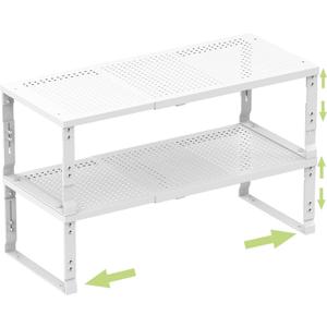 Heavy-Duty Adjustable Metal Shelf Organizer - Expandable & Stackable Pantry Storage Rack for Kitchen, Bathroom, RV, Cabinets(2 Packs/White, Large)
