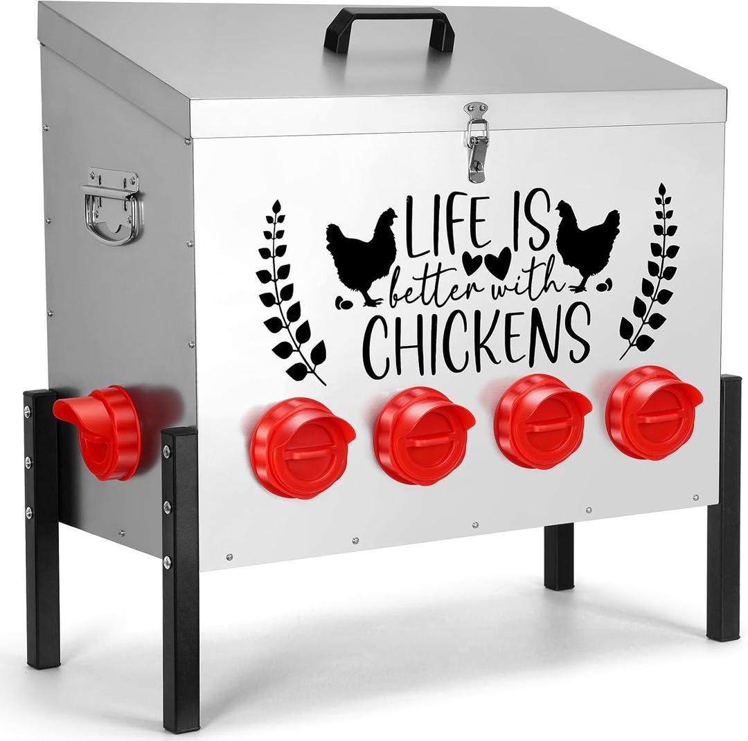 95 lb Chicken Feeder with 10 No-Waste Ports  Extra-Large Galvanized Metal Poultry Feeder with Adjustable Height Heavy-Duty Stand  Outdoor Feed Box for Chickens, Ducks & Geese