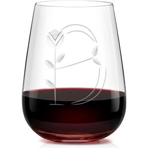 Hand-Blown Crystal Stemless Glasses with Personalized Initial Engravings - 16 Oz Lead-Free Monogram Red Tumblers - Perfect for Connoisseurs and Letter 'B' Enthusiasts