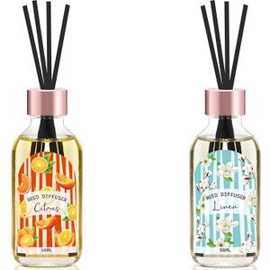 Reed Diffuser Set of 2 Pack, Linen Vanilla Citrus Scented Oil Diffuser with 15 Sticks, Reed Diffusers for Home, Bathroom Air Freshener, 1.7 Fl.oz Each, Total 5.1 Oz