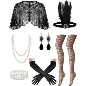 1920s Flapper Dresses Accessories for Women Theme Set Roaring 20s Great Gatsby Costume Dresses Accessories for Women (One Size, Black)