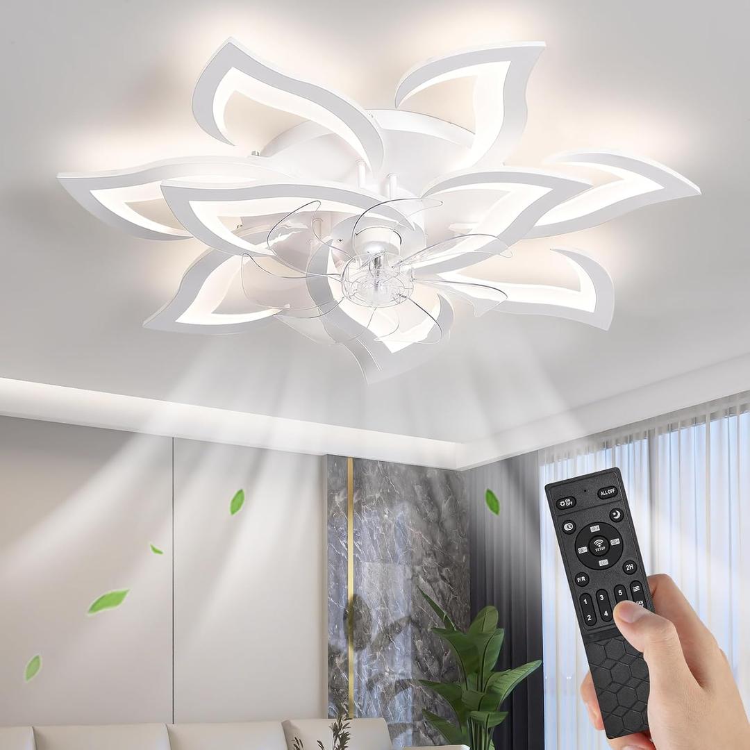 32" White Flower Ceiling Fan with Lights Remote Control, Modern LED Low Profile Flush Mount Ceiling Fan with Light for Kitchen Bedroom Living Room, Small