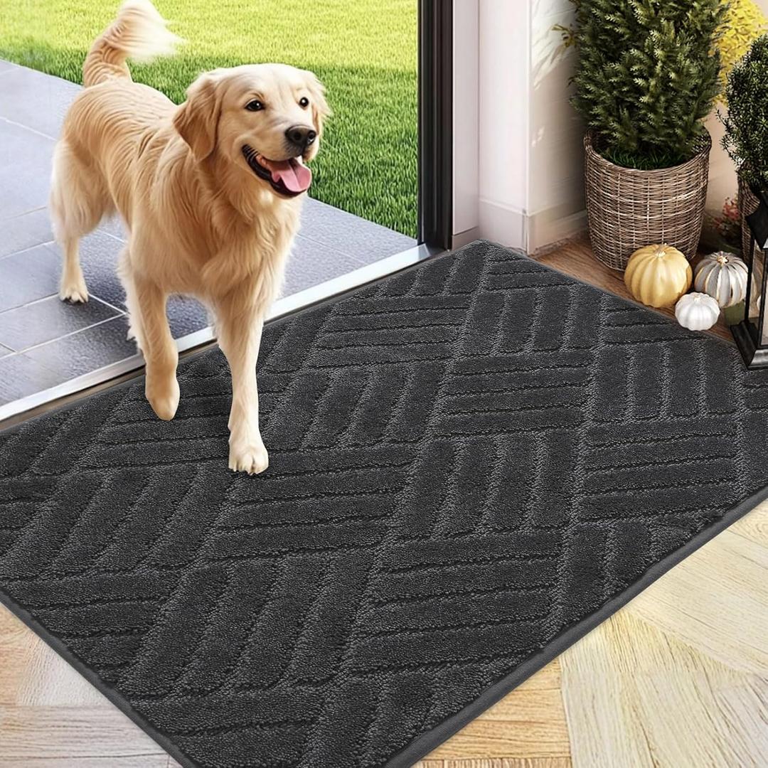 PLEASOR Front Door Mat, Absorbent Dirt Trapper Welcome Door mat Indoor, Non Slip Machine Washable Entryway Rug, Dog Door Mat, Shoes Scraper, Low Profile Doormat for Inside Floor, 20x32, Charcoal (2'8" x 1'8" (Rectangular))