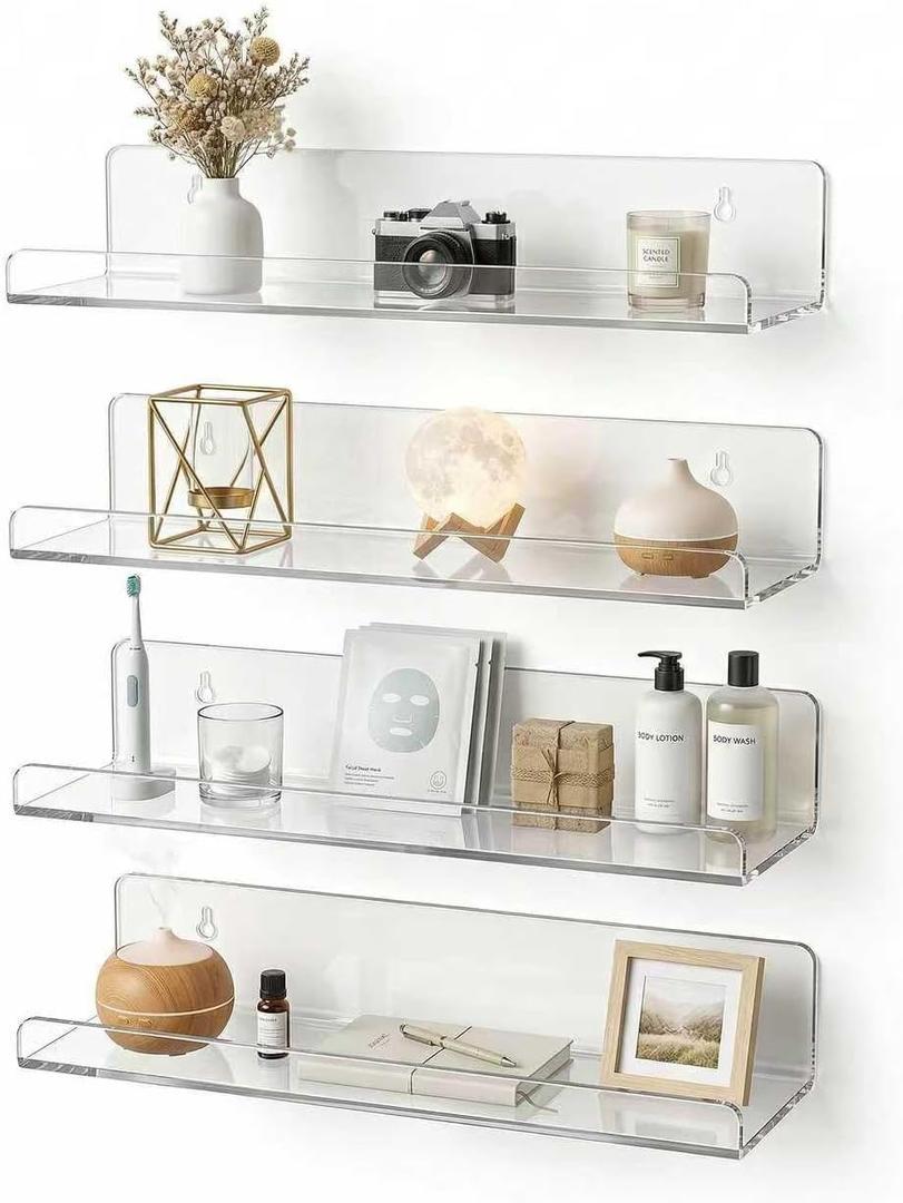 4-Pack Clear Acrylic Floating Shelves, Space-Saving Invisible Wall Shelves for Bathroom Kitchen Office Living Room, Modern Decor Set
