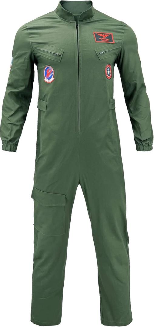 Maverick Flight Pilot Jumpsuit Halloween Cosplay Costume For Adult Mens,L (Green)