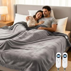 Heated Blanket Queen Size, 84"x90" Electric Heating Soft Dual-Sided Flannel Machine Washable Blanket, 12 Heat Levels & 12 Hours Auto Off, Soft Warm Flannel Blanket, Overheat Protection with ETL & FCC (Deep Gray & Light Gray)