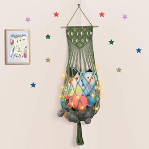 Stuffed Animal Storage, 63'' Jumbo Stuffed Animal Hammock Corner Wall Ceiling Over Door Hanging Toy Hammock Organizer, Avocado Green Toy Net w/Boho Tassels Star Light for Nursery Boys Girls