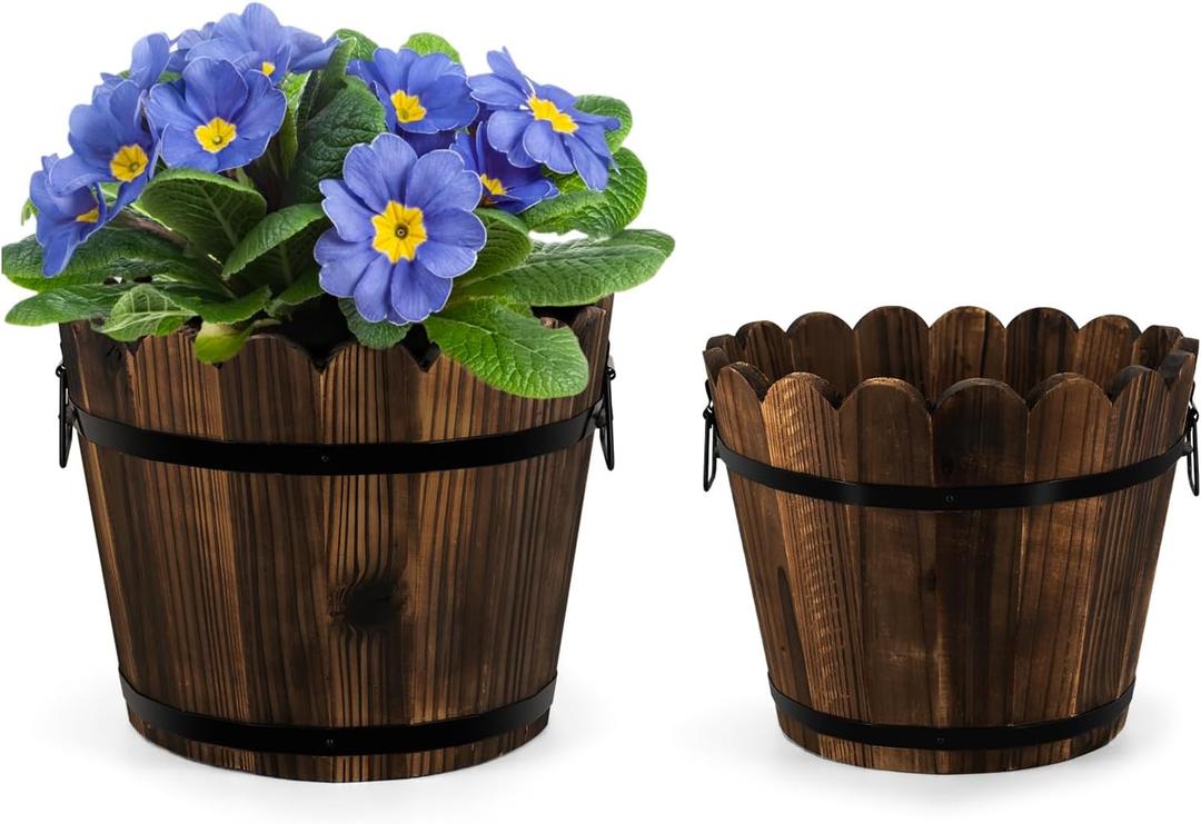 Wooden Barrel Planters Flower Pots for Indoor Outdoor Plants, 10+11.5 inch Rustic Patio Garden Front Porch Planters Plant Pots Outdoor Decor Set of 2