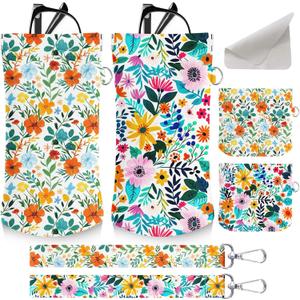 4PCS Eyeglass Sunglass Cases Pouch Soft PU Leather with Cleaning Cloth Cute Glasses Bag Coin Purse for Women Men Gifts (Cute Floral Flower)