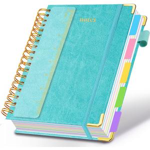 Hardcover Spiral Notebook 6.2"x 8.2" Journal Notebook with Tabs and Removable Dividers 300 Pages 5 Subject Notebook College Ruled, Faux Leather Spiral Bound Notebook for Women School Work (Blue)
