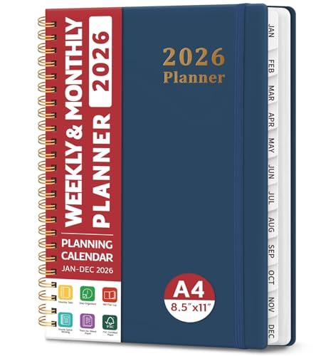 2026 Planner, Weekly and Monthly Calendar Planner, January 2026 - December 2026, Hardcover 2026 Calendar Book with Tabs For Women & Men, Inner Pocket, Spiral Bound, Perfect for Office Home School Supplies - A4 (8.5" x 11"), Navy
