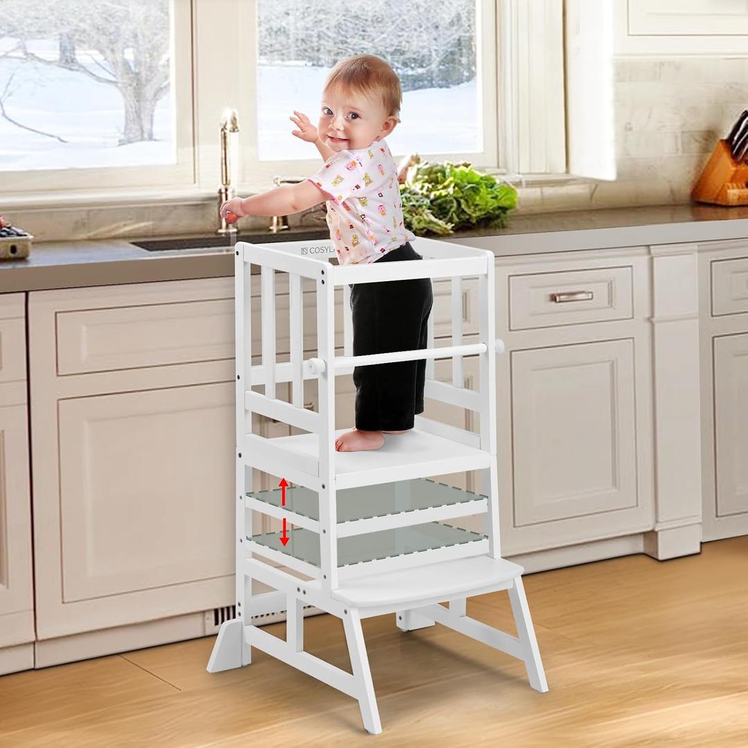 COSYLAND Kids Kitchen Step Stool, Height Adjustable Toddler Standing Tower Nursery Helper with CPC & FSC Certification, Removable Safety Railing Enjoys Exclusive PatenWhite