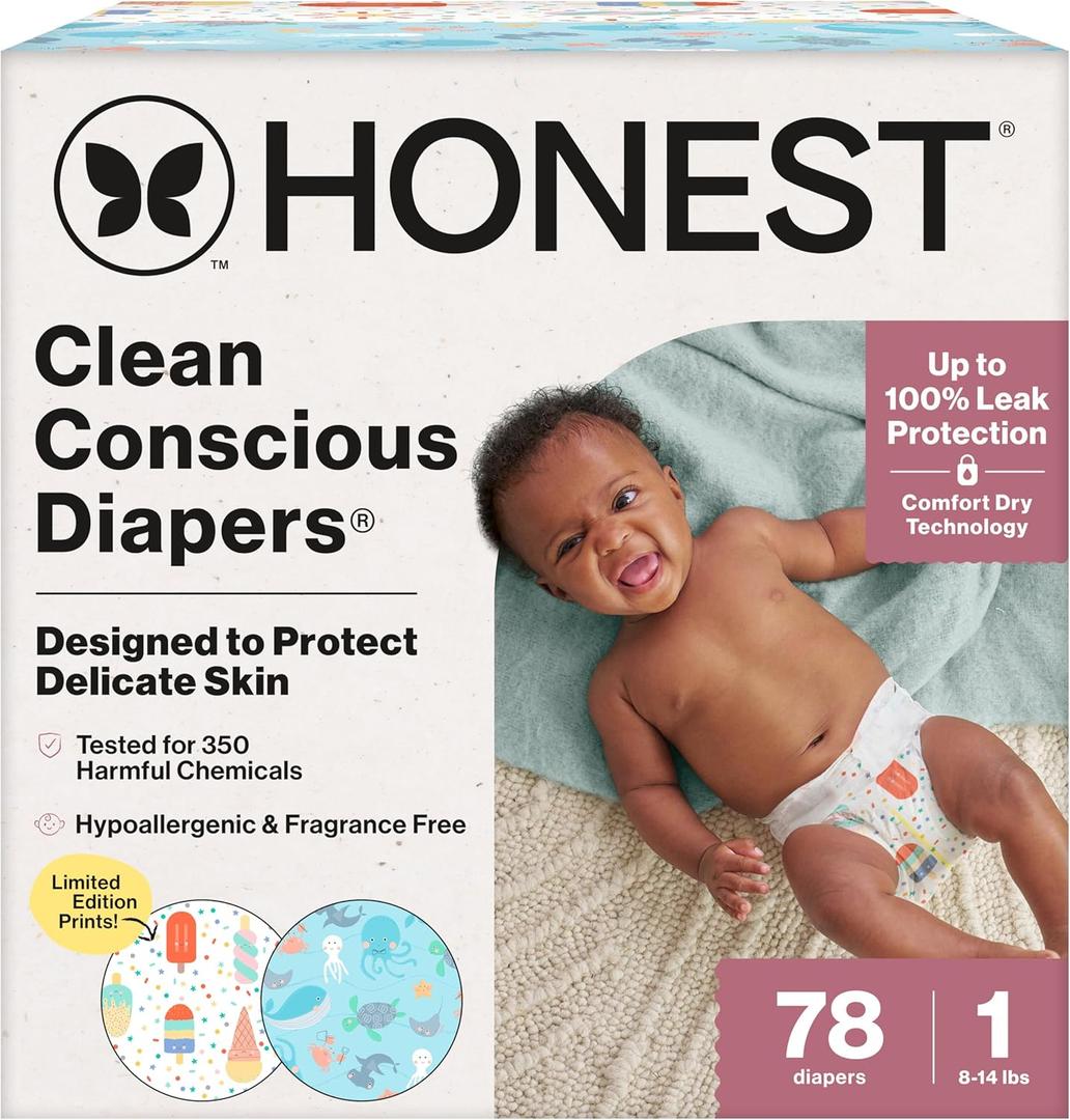 The Honest Company Clean Conscious Diapers for Delicate Skin | Up to 100% Leakproof | Hypoallergenic, Fragrance Free | Summer '25 Limited Edition Prints | Club Box, Size 1 (8-14 lbs), Count of 78